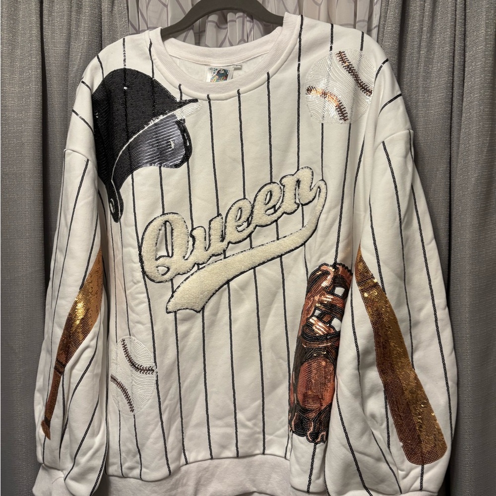 BNWT size L Queen Embroidered White Pinstripe Baseball Sweatshirt